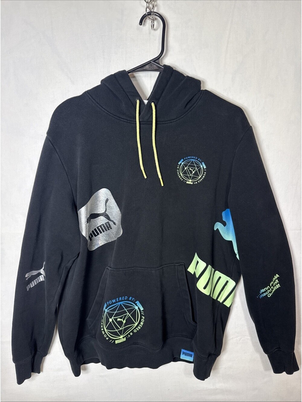 Puma Mens Medium Black Graphic Pullover Hoodie Metallic Silver Logo Sweatshirt